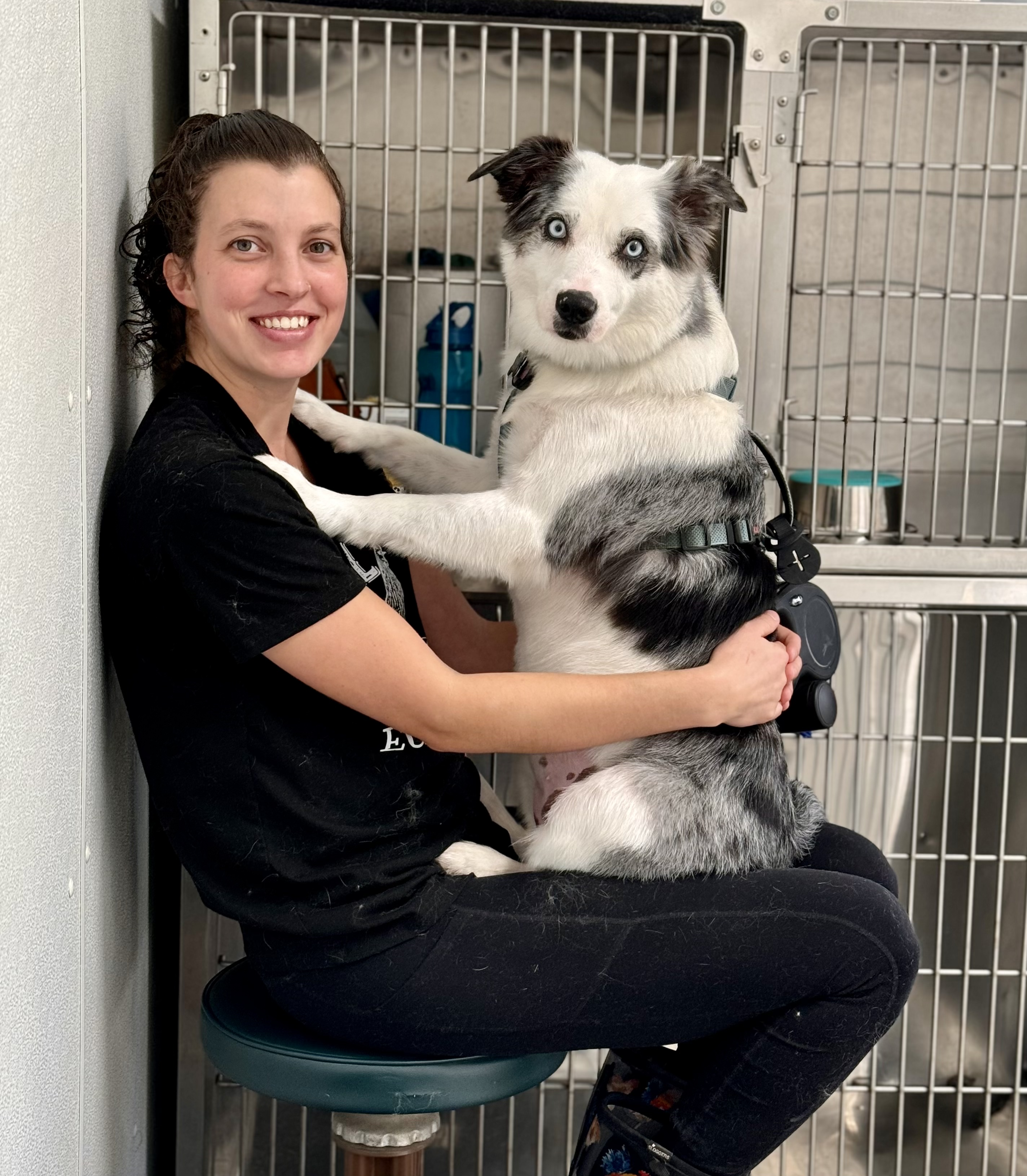 Hannah, owner of What The Fluff, sitting with a dog in Crimora salon